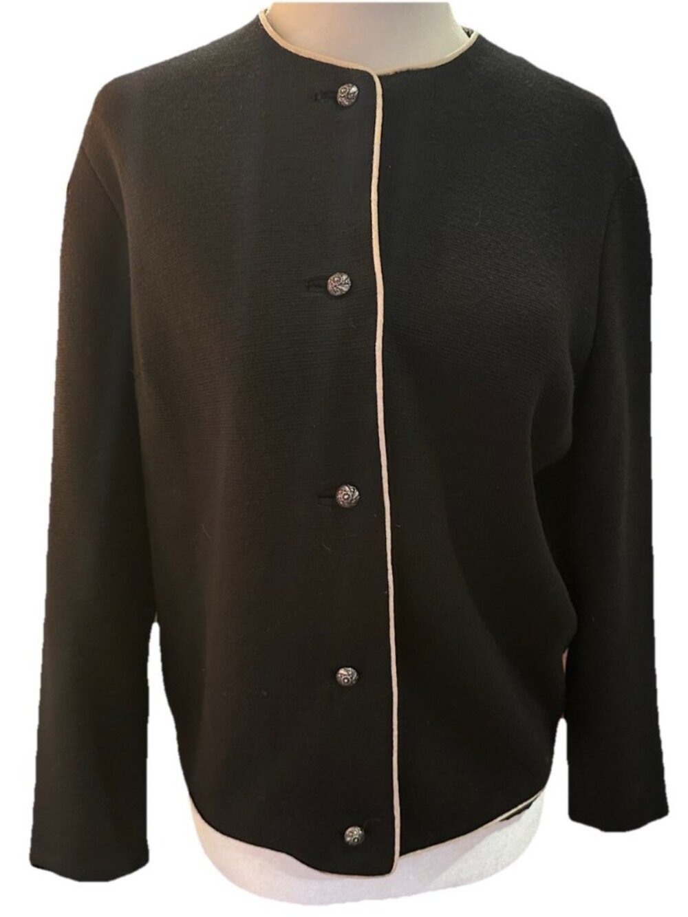 Vintage 100% Wool Kitex Austrian Jacket Black Cream Trim Amazing Buttons Small